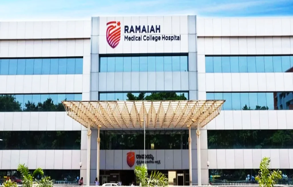 Front view of Ramaiah Medical College Hospital campus in Bangalore, Karnataka, a premier medical institution offering MBBS education with modern healthcare infrastructure.